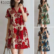 Esolo ZANZEA Womens Holiday Casual V Neck Flore Print Mini Dresses Short Sleeve A-Line Dress #0805