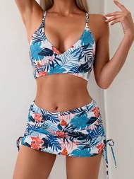 Conjunto De Bikini Para Mujer Con Estampado De Hojas De Árbol, Que Incluye Traje De Baño, Pantalones Cortos De Baño Y Faldas De Baño, Patrón Aleatorio, Traje De Baño De Playa De Verano