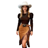 Xnihocha Womens Vintage Cowgirl Tassel Pencil Skirt Fringe Wrap Hem Side Zipper Faux Suede Bodycon S