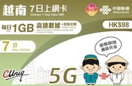中國聯通 - 7日【越南】(每日1GB) 5G/4G 無限上網卡數據卡SIM咭[C35]