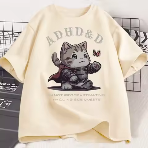 ADHD&D I'm Not Procrastinating Cat T-shirt Funny Graphic Printed Tshirts Short Sleeve Summer LooseTe