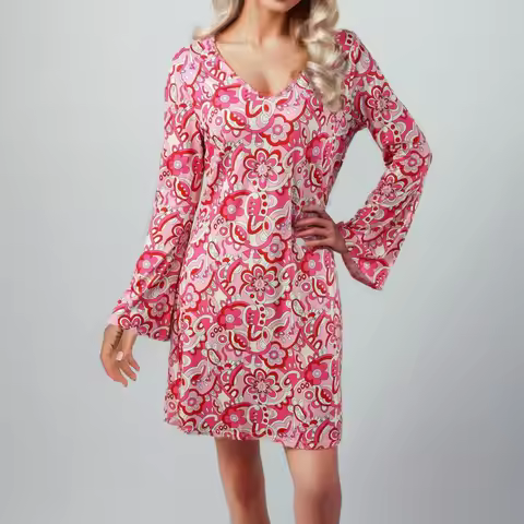 Women Long Sleeve Floral Print Dresses With Belt Round Neck Short Dress Fashion 70s Disco Outfits Da