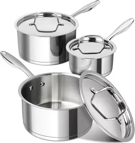 Stainless Steel Saucepan Set with Lids, Tri-Ply Bottom, 1QT 2QT 3QT Nonstick Dishwasher Safe