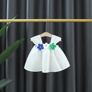 Cô Gái ĐẦM MÙA HÈ màu trơn vai rộng bông hoa nhỏ phong cách công chúa ăn mặc trẻ em của Đầm trẻ em (