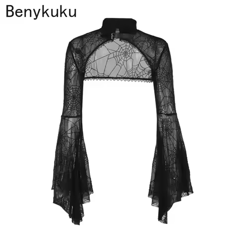 Gothic Grunge Flare Sleeve Vintage Punk Y2k Crop Top Women Halloween Goth Black Spider Web Lace See 