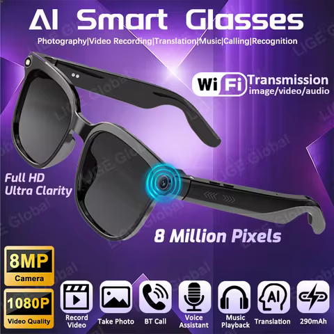 LIGE 8MP AI Smart Glasses Multifunctional Camera Bluetooth Call Voice Assistant Music Player Transla