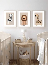3件動物畫,獅頭壁畫、長頸鹿、斑馬,北歐風格海報,嬰兒、兒童臥室、幼兒園、客廳壁畫裝飾畫(不含畫框)