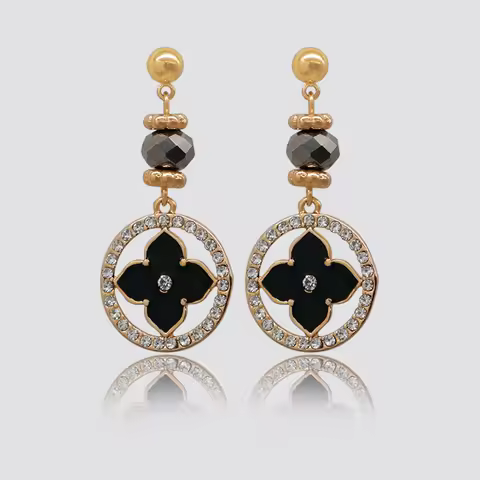 Black Enamel Flower Post Earrings For Women Rhinestones Hollow Trendy New Korean Styles Fashion Jewe