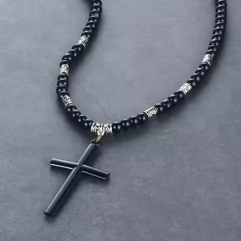 Natural Black Beaded Chain Necklaces Retro Cross Pendant Necklace for Women Statement cloar Mens Rel