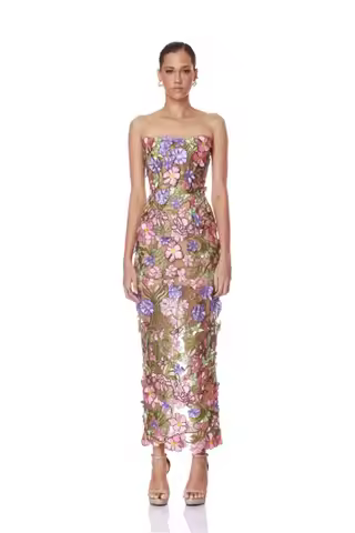 3D Floral Embroidery Strapless Prom Dress Lace‑Up Back Sheer Mesh Bodycon Midi Party Gown Glam Weddi