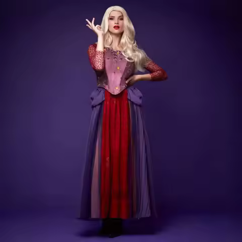 Halloween Hocus Pocus Sarah Costume Adult Women Medieval Witch Purple Dress Carnival Party Stage Cos