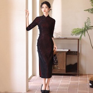 Red Long Improved Cheongsam Womens Retro Style Midi Sleeve Mommy Spring Autumn Wear Vintage Shanghai