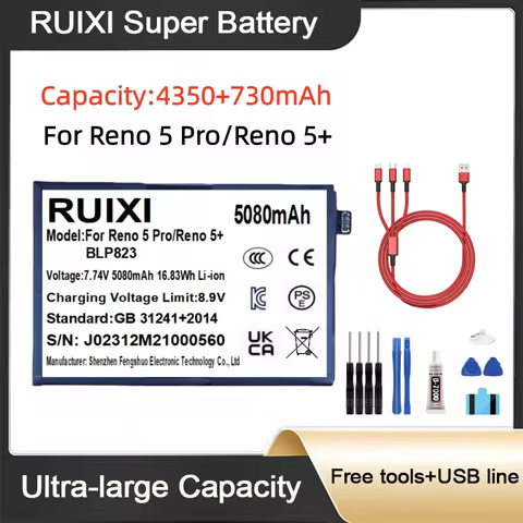 5080mAh BLP823 RUIXI Ultra Large Capacity Battery For RENO5 Pro 5G Reno 5+ Reno 5 Plus Mobile Phone 