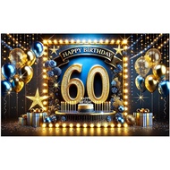 Blue Gold 60th Happy Birthday Banner Party Backdrop Glittery Birthday 60th Party Balloons Background