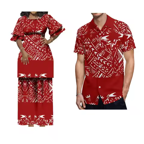 2024 Ruffled Sleeves Puletasi Tongan Tribe Fashion Custom Maxi Dress With Men's Shirt Polynesian Tri