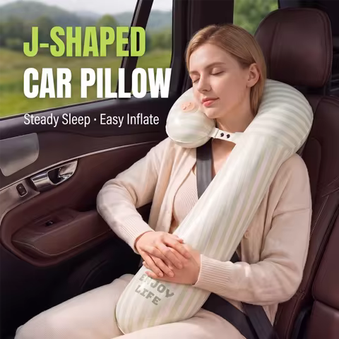 J Shaped Inflatable Travel Pillow, Built in Pump Car Neck Support Pillow Head Chin Arm Rest Cushion 