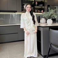 Florence - Set of modern floral embroidered turtleneck shirt with jade buttons and silk pants (pink 