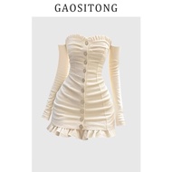 HELA CHAU WHITE BREAST CUP LONG SLEEVE BODY DRESS KOREAN STYLE BEIGE COLOR