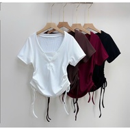 Women's Big Size T-Shirt Shrugging Waist Drawstring Loose Form Comfortable Elastic Waistband A309 ba