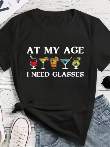 Plus Size SHEIN LUNE Fashionable Minimalist Wine Glass Print Casual Short Sleeve T-Shirt Graphic Tee