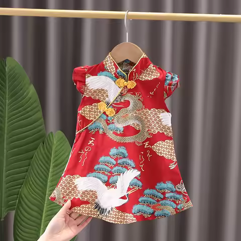 Chinese Style Children Girl Qipao Skirt Summer Clothes Baby Full Printe Pattern Dress Kids Sport Tod