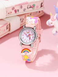 可愛的彩虹獨角獸圖案硅膠帶石英卡通手錶,適合兒童