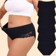 6pcs Plus Size Women's Black Cotton Panties, Sexy Bikini Lace Low Waist Briefs, Stretchy Full Covera