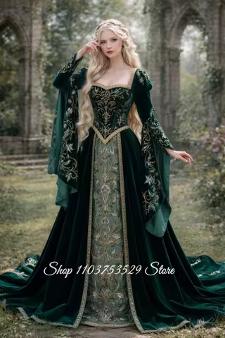 Customized Emerald Green Velvet Victorian Evening Gown Appliqué Courtly Renaissance Ball Gown Specia