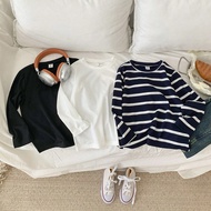 3pcs Young Boy Casual All-Match Round Neck Long Sleeve T-Shirts, In Black, White And Blue Stripe, Hi