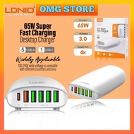 LDNIO A6573C 65W PD TYPE-C PORT + 5 QC USB PORTS FAST CHARGER FOR SMARTPHONE LAPTOP SAMSUNG HUAWEI OPPO VIVO REALME