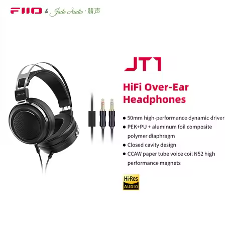 FiiO JT1 3.5mm Studio Headphones for Recording Gaming with Microphone, 50mm Diaphragms driver,HiFi S