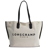 成色極佳：Longchamp ROSEAU ESSENTIA帆布和皮革購物手提包，米色和黑色。法國製造。女士款。
