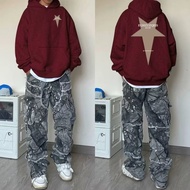 【 M-8XL 】American Niche Design Simple Printed Hoodie Jacket Men's Trendy Fashion Loose Oversized Hoo