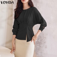 VONDA เก็บเอวเสื้อยืดคอกลมในที่ทำงานของผู้หญิงเสื้อผู้หญิงชุดยาว OL Long Sleeve จีบหรูหราเสื้อตัวบน (ลำลองเกาหลี)