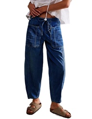 Women's Wide Leg Baggy Jeans Elastic Low Rise Barrel Jean Loose Boyfriend Denim Pants with Drawstrin
