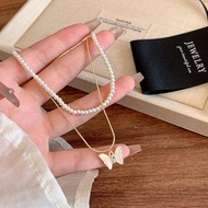 สร้อยคอไข่มุกข้าวโพดสไตล์เกาหลีสำหรับผู้หญิง LSE Butterfly Lockbone Chain สร้อยคอแบบชั้นใน 2 ชั้น แฟ