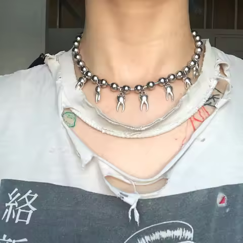 Y2K Rotten Teeth Chunky Big Bead Ball Chain Choker Necklace Grunge Punk Tooth Charms Statement Neckl