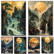 Golden Moon Pine Tree Waterfall Nature Mountain Forest Poster Print  Canvas Painting Gift Wall Art P