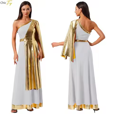 Womens Ancient Greek Toga Goddessese Costume Party Halloween One Shoulder Metallic Layer Toga Greece