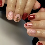 ETNN Red Elk Gingerbread Short Square Nail New Year Christmas Manicure Wearing Nail Fake Nail Nail P