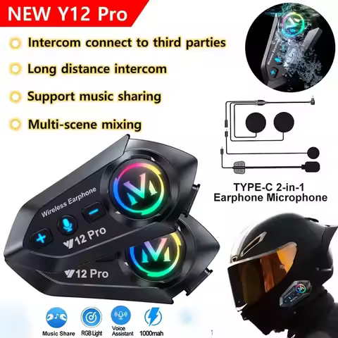 Y12 ProMotorcycle Helmet Intercom System 5.4GHz Chip 500m Ultra-Long Range IPX6 Waterproof Music Sha