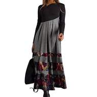 Women Dress Slant Neck Patchwork A-line Hem Colorful Printing Pleated Long Sleeves Bohemian Style Lo