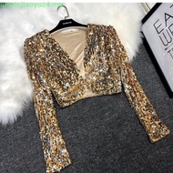 Trendy Glamorous Gold Sequined Long Sleeve Crop Jacket for Women Classy Clothes