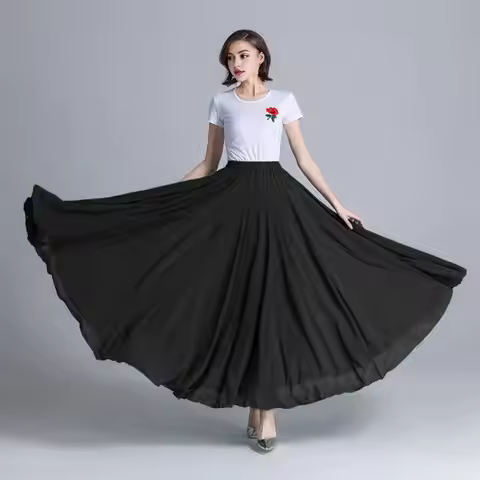 Flowy Dance Long Skirt Flowy Chiffon Maxi Skirt for Women Double-layered Dancewear with 720 Degree P