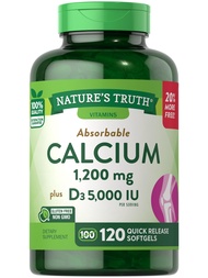 Absorbable Calcium 1200 mg with Vitamin D3 5000 IU | 120 Softgels | Calcium Carbonate Supplement | N