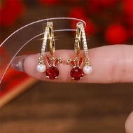 Red Diamond Rabbit Earrings Gold Diamond Earrings Exquisite All-Match Earrings