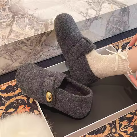 Retro Grey Woolen Gabor Boots Women's Slip-On Fleece Lined Fur Shoes Warm Bean Cotton Shoes Fashiona