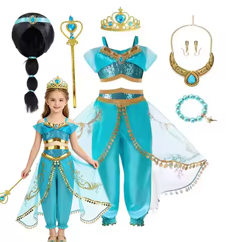 Jasmine Princess Dress for Girls Cosplay Aladdin Magic Lamp Costume Outfit Girls Halloween Kids Birt