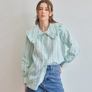 BIRUCHU 綠色條紋頂級亞麻大領襯衫：亞麻長袖襯衫