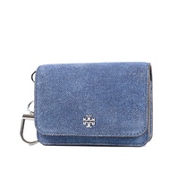 TORY BURCH EMERSON Suede Tannin Brush Color Button Card Holder/Coin Purse-Tannin Blue [American Genu